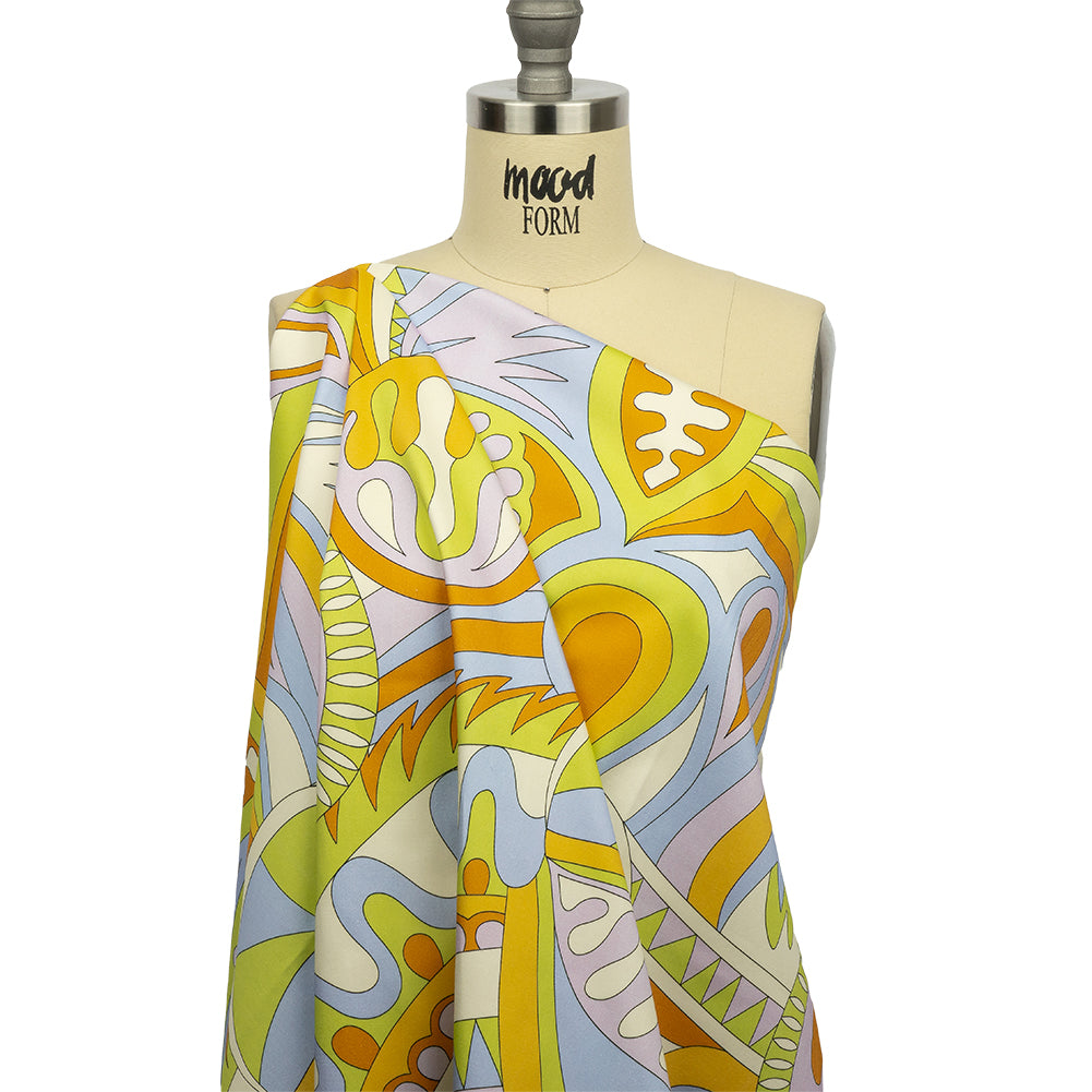 Stretch Cotton Sateen - Lime, Blue and Brown Paisley and Abstract - Surf City Psychedelia Print - Mood Exclusive Groove Collection