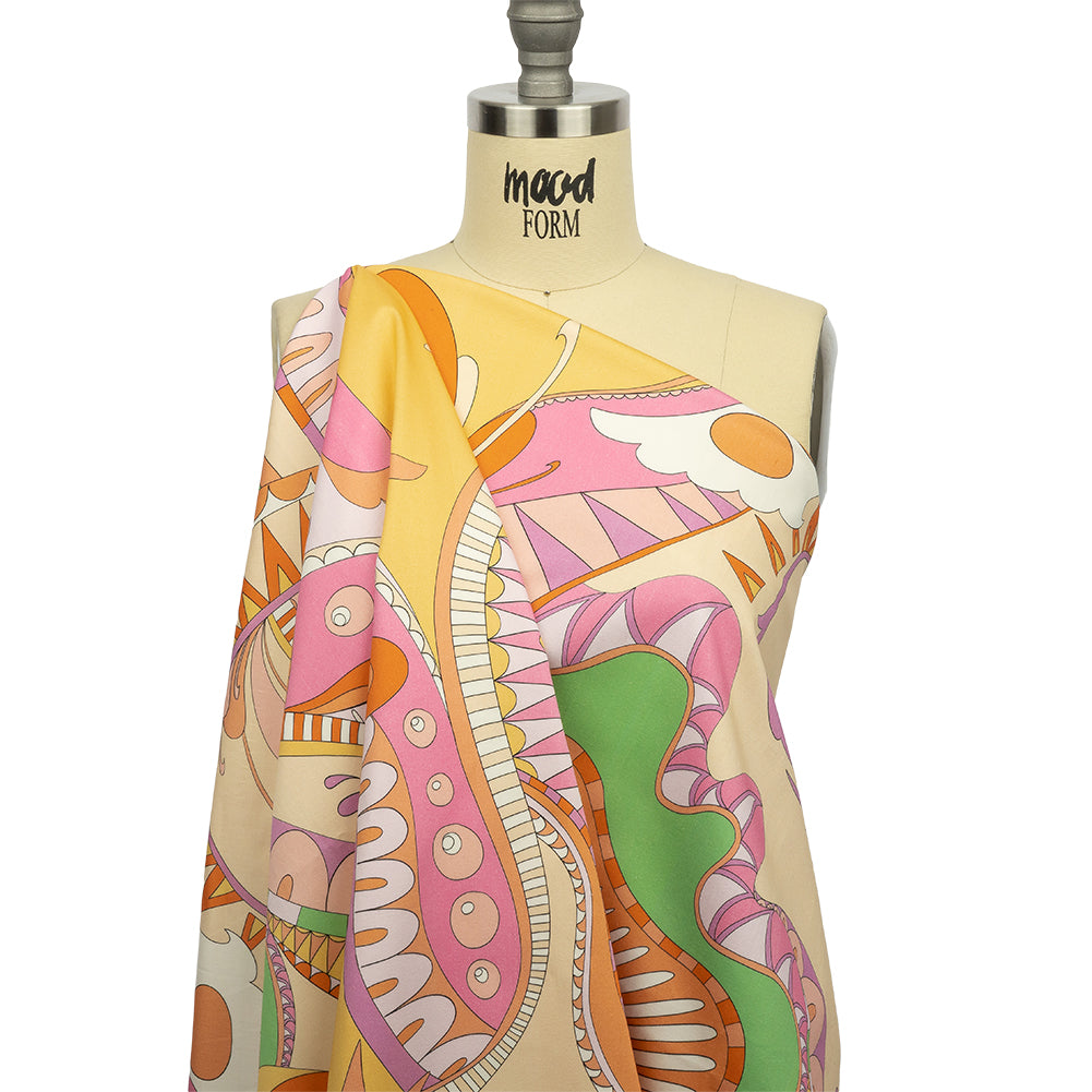Stretch Cotton Sateen - Orange and Pink Abstract - Festival Daydreams Print - Mood Exclusive Groove Collection - Drape