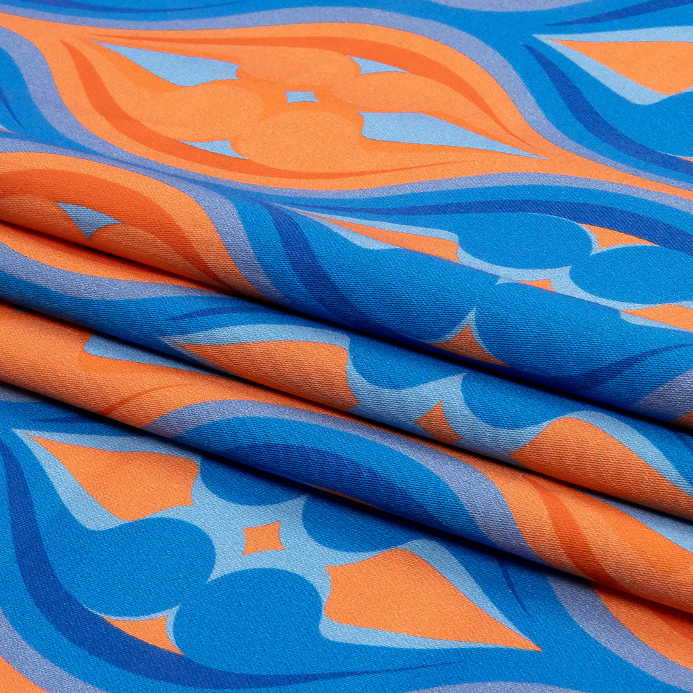 Stretch Cotton Sateen - Blue and Orange Ogees - Eye of the Storm Print - Mood Exclusive Groove Collection