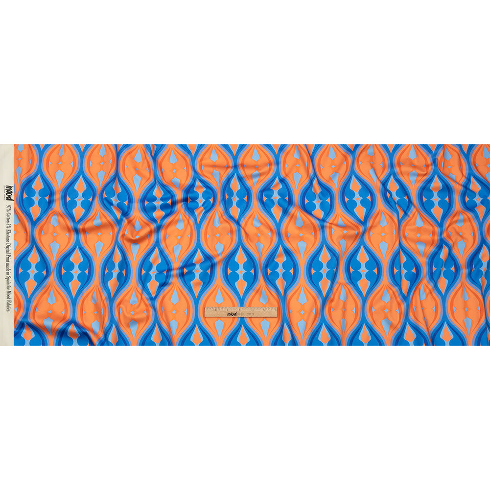 Stretch Cotton Sateen - Blue and Orange Ogees - Eye of the Storm Print - Mood Exclusive Groove Collection