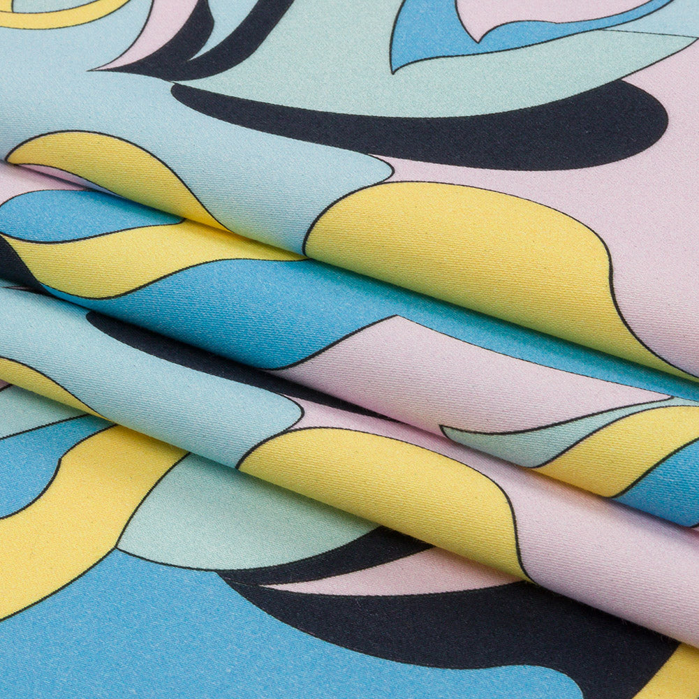 Stretch Cotton Sateen - Blue, Pink and Yellow Abstract - Magical Mystery Print - Mood Exclusive Groove Collection Folded