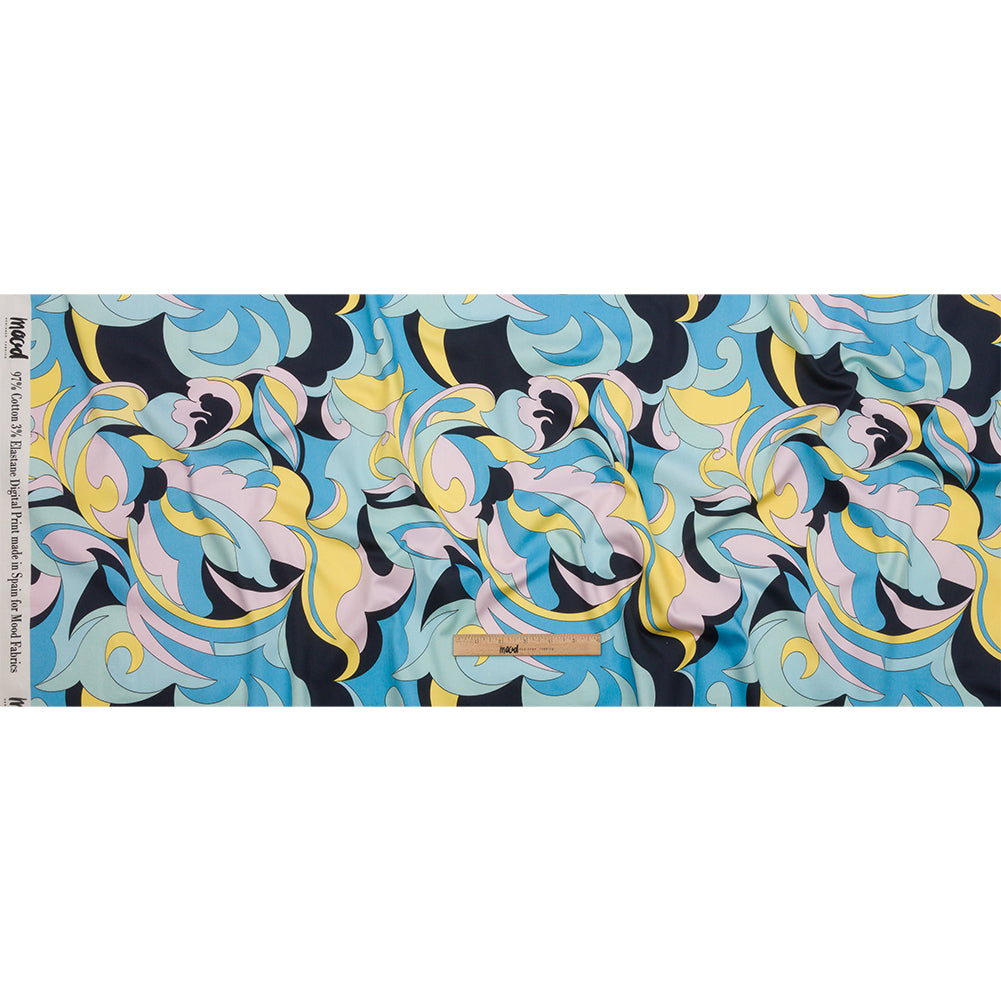 Stretch Cotton Sateen - Blue, Pink and Yellow Abstract - Magical Mystery Print - Mood Exclusive Groove Collection Full