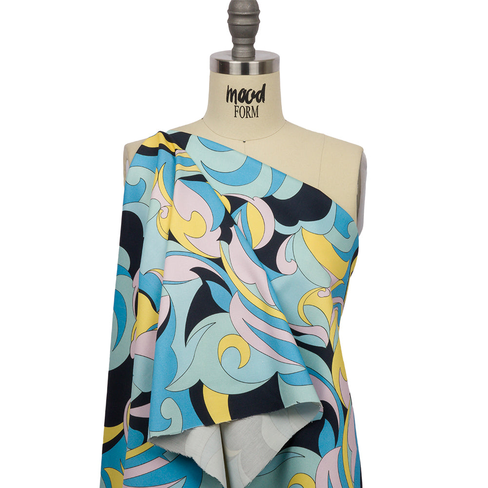 Stretch Cotton Sateen - Blue, Pink and Yellow Abstract - Magical Mystery Print - Mood Exclusive Groove Collection Drape