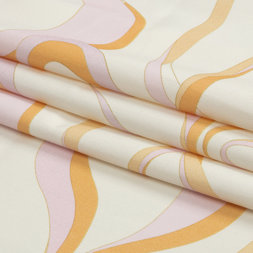 Stretch Cotton Sateen - White, Orange and Lavender Ribbons - Free Spirit Print - Mood Exclusive Groove Collection