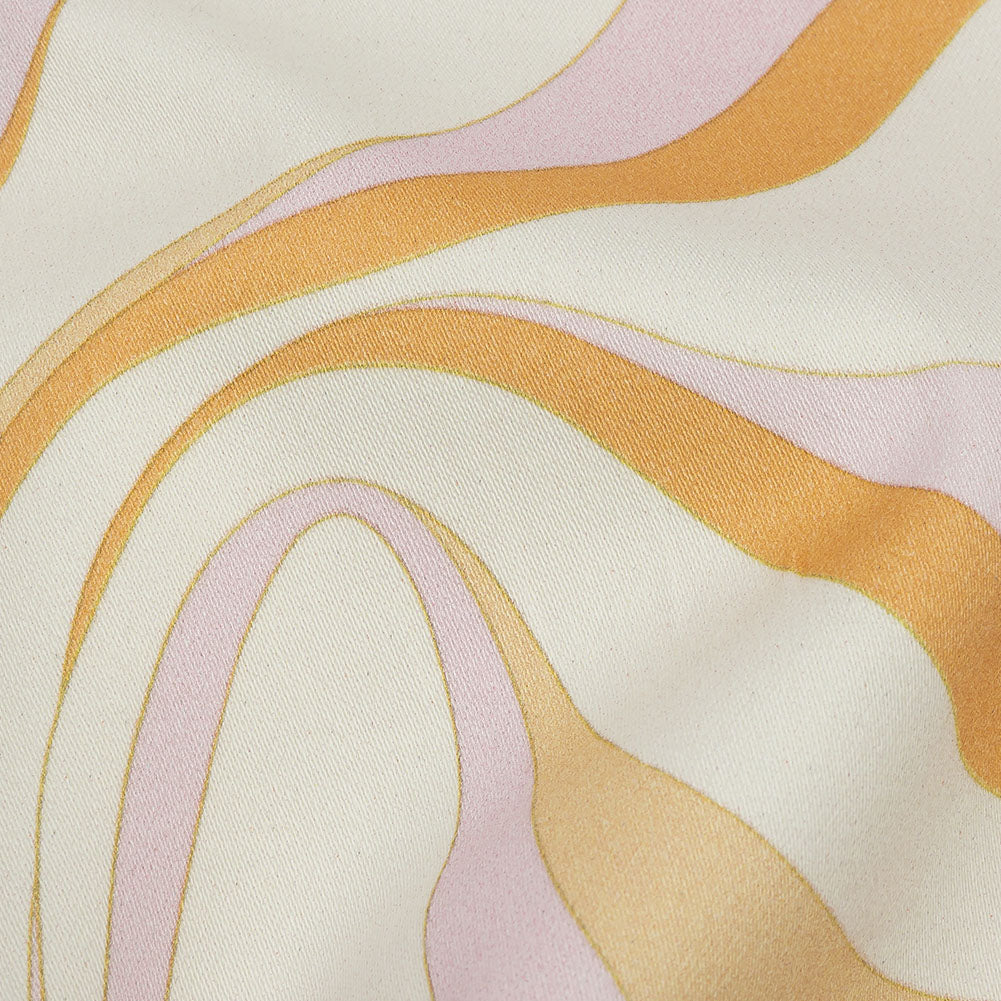 Stretch Cotton Sateen - White, Orange and Lavender Ribbons - Free Spirit Print - Mood Exclusive Groove Collection