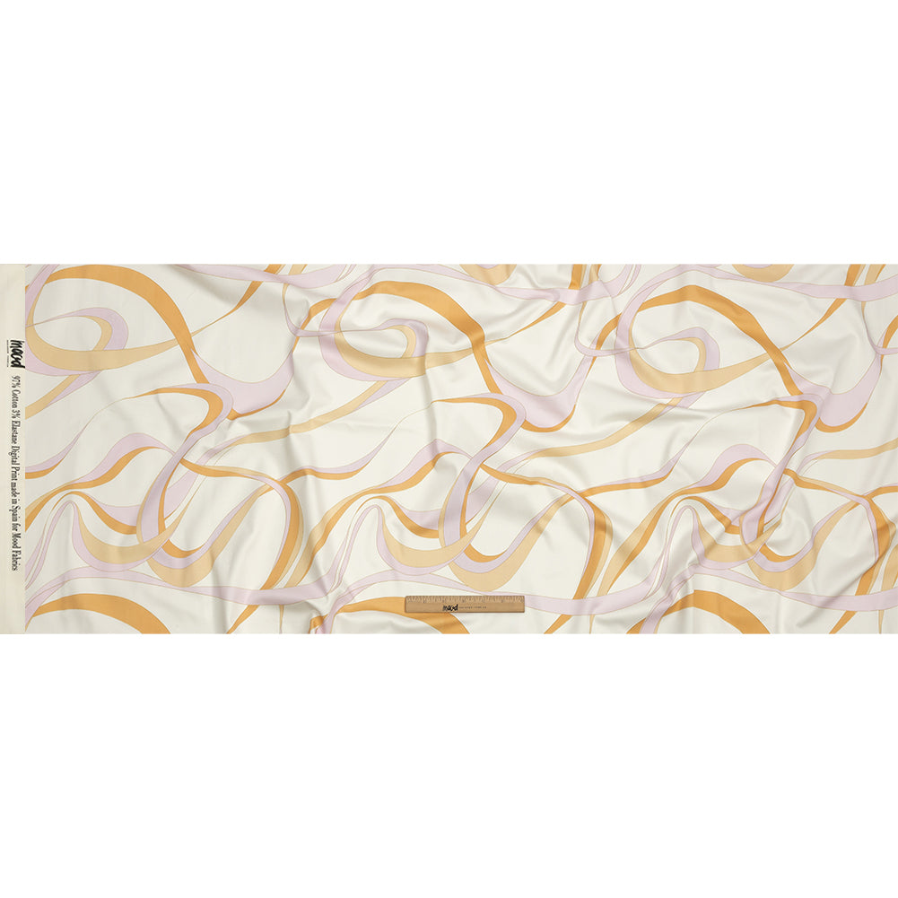 Stretch Cotton Sateen - White, Orange and Lavender Ribbons - Free Spirit Print - Mood Exclusive Groove Collection