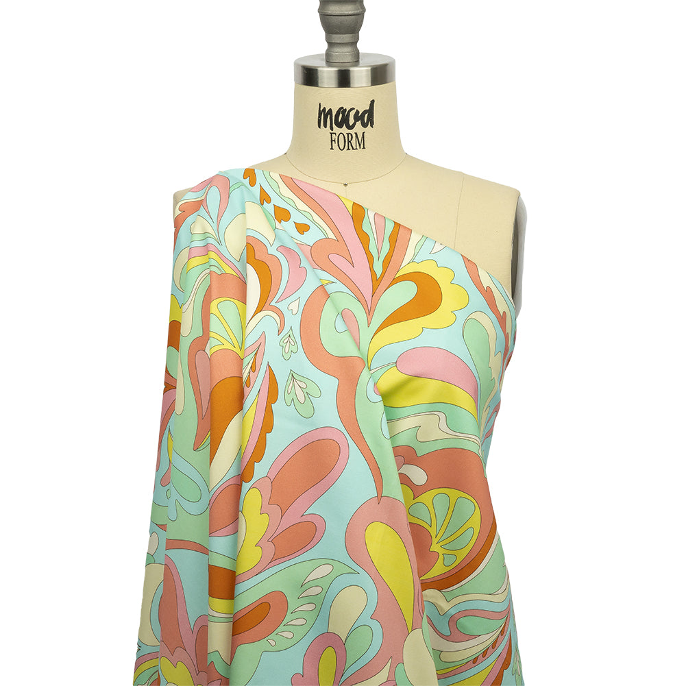 Stretch Cotton Sateen - Sky Blue and Mint Abstracted Paisley - Lonely Hearts Club Print - Mood Exclusive Groove Collection - Drape