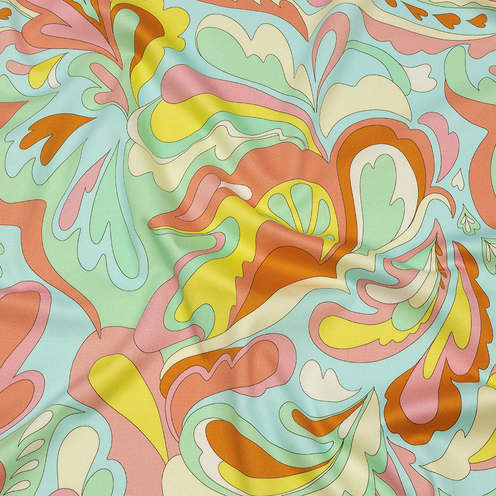 Stretch Cotton Sateen - Sky Blue and Mint Abstracted Paisley - Lonely Hearts Club Print - Mood Exclusive Groove Collection
