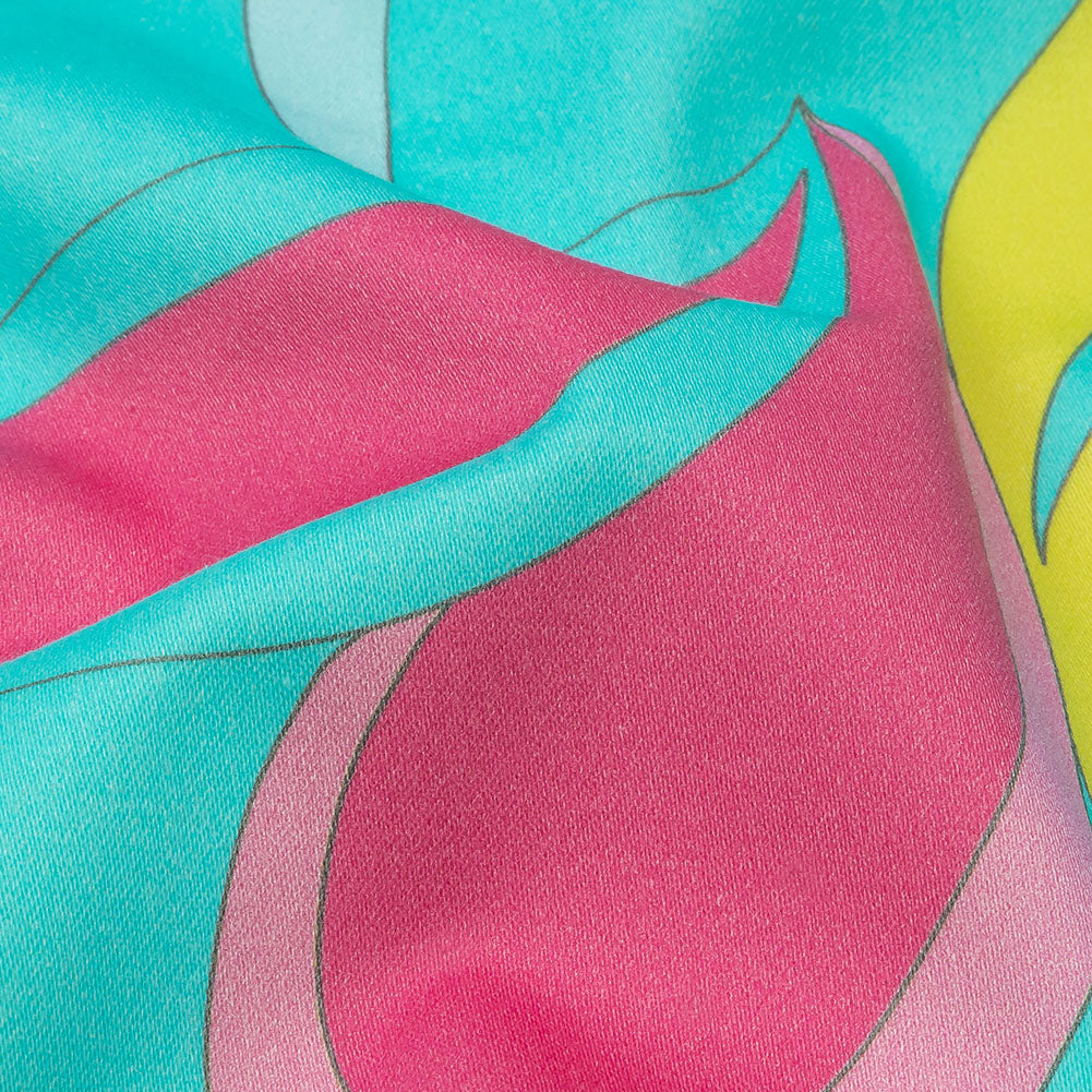 Stretch Cotton Sateen - Turquoise, Pink and Yellow Abstract Paisley - Free Falling Print - Mood Exclusive Groove Collection