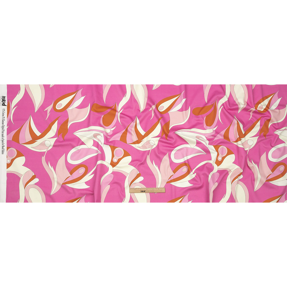 Stretch Cotton Sateen - Hot Pink, White and Orange Abstract Paisley - Free Falling Print - Mood Exclusive Groove Collection