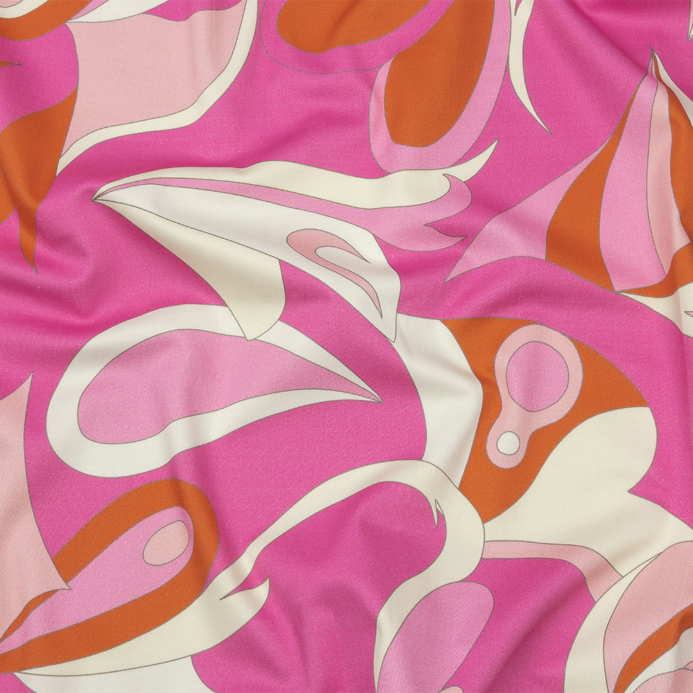 Stretch Cotton Sateen - Hot Pink, White and Orange Abstract Paisley - Free Falling Print - Mood Exclusive Groove Collection
