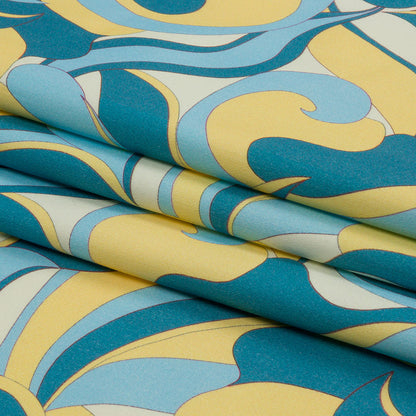 Stretch Cotton Sateen - Blue and Yellow Abstract - Wave Hello Print - Mood Exclusive Groove Collection