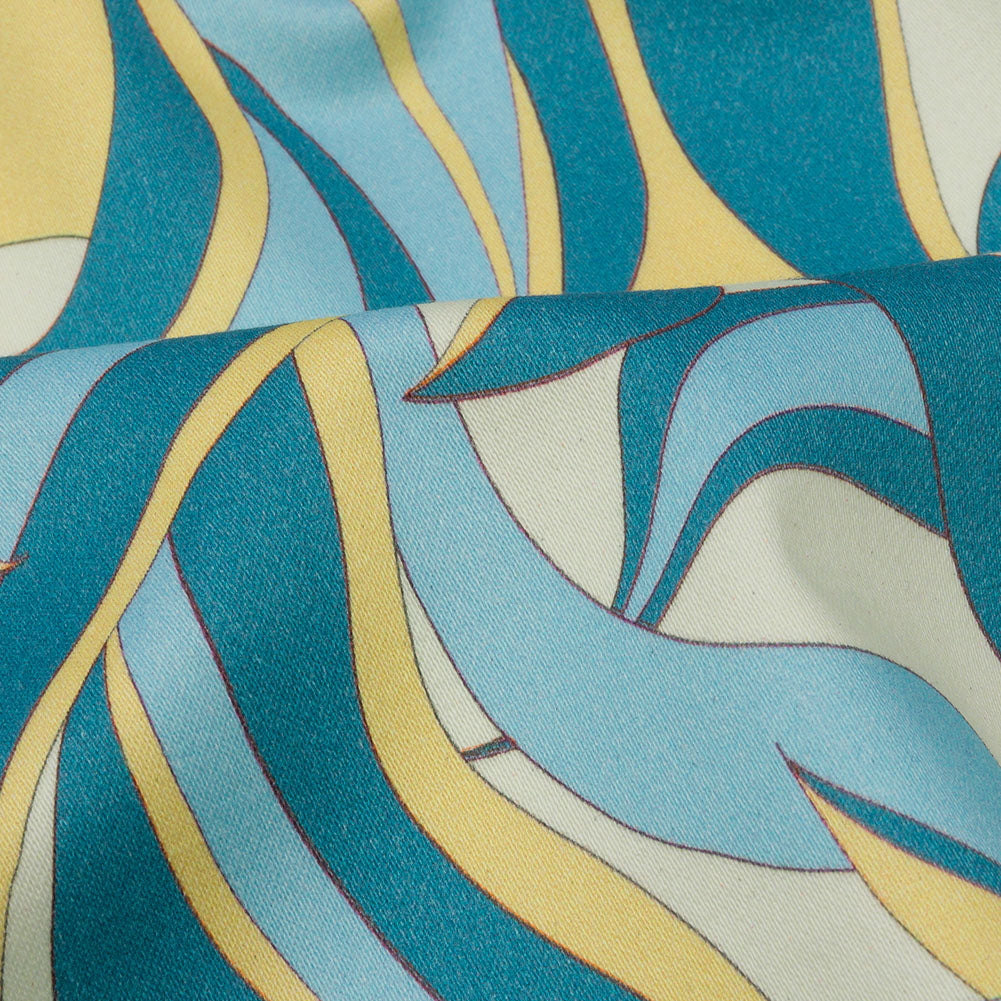Stretch Cotton Sateen - Blue and Yellow Abstract - Wave Hello Print - Mood Exclusive Groove Collection