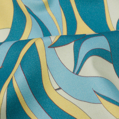 Stretch Cotton Sateen - Blue and Yellow Abstract - Wave Hello Print - Mood Exclusive Groove Collection