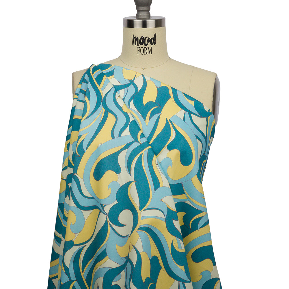 Stretch Cotton Sateen - Blue and Yellow Abstract - Wave Hello Print - Mood Exclusive Groove Collection