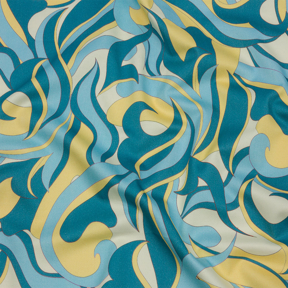 Stretch Cotton Sateen - Blue and Yellow Abstract - Wave Hello Print - Mood Exclusive Groove Collection
