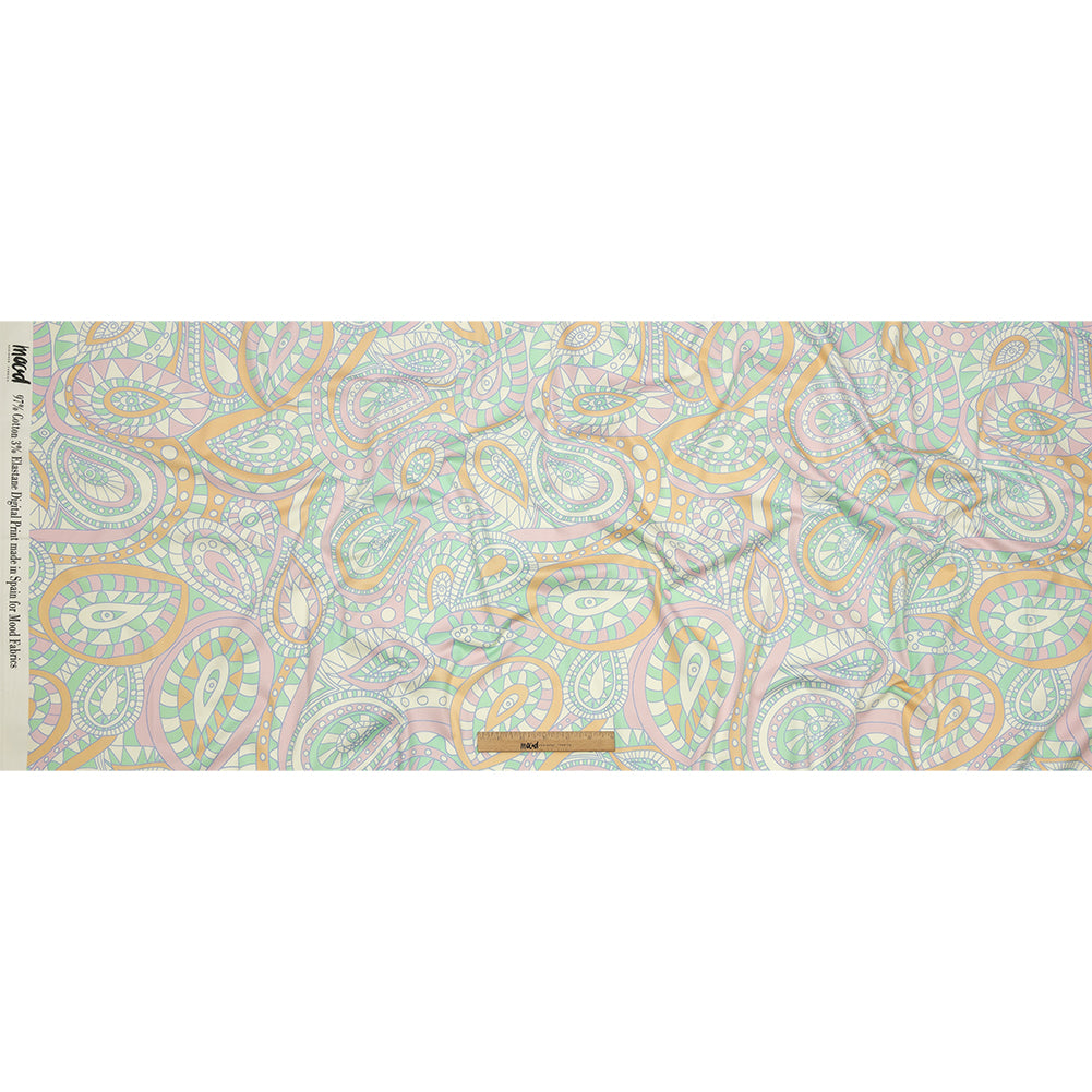 1 Yard of Stretch Cotton Sateen - Green and Cream Chunky Paisley - Glass Carnival Print - Mood Exclusive Groove Collection - Full