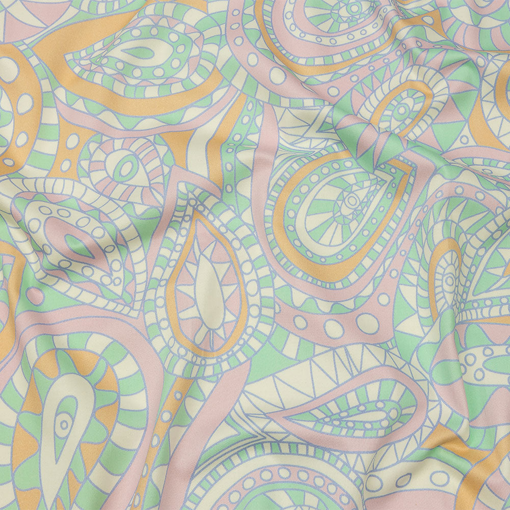 Stretch Cotton Sateen - Green and Cream Chunky Paisley - Glass Carnival Print - Mood Exclusive Groove Collection