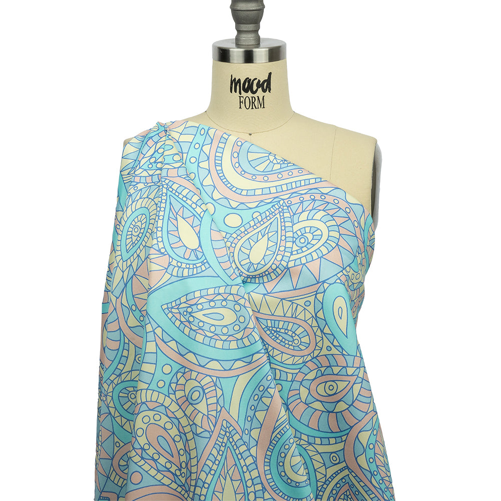 Stretch Cotton Sateen - Blue and Peach Chunky Paisley - Glass Carnival Print - Mood Exclusive Groove Collection - Drape