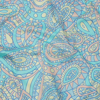 Stretch Cotton Sateen - Blue and Peach Chunky Paisley - Glass Carnival Print - Mood Exclusive Groove Collection