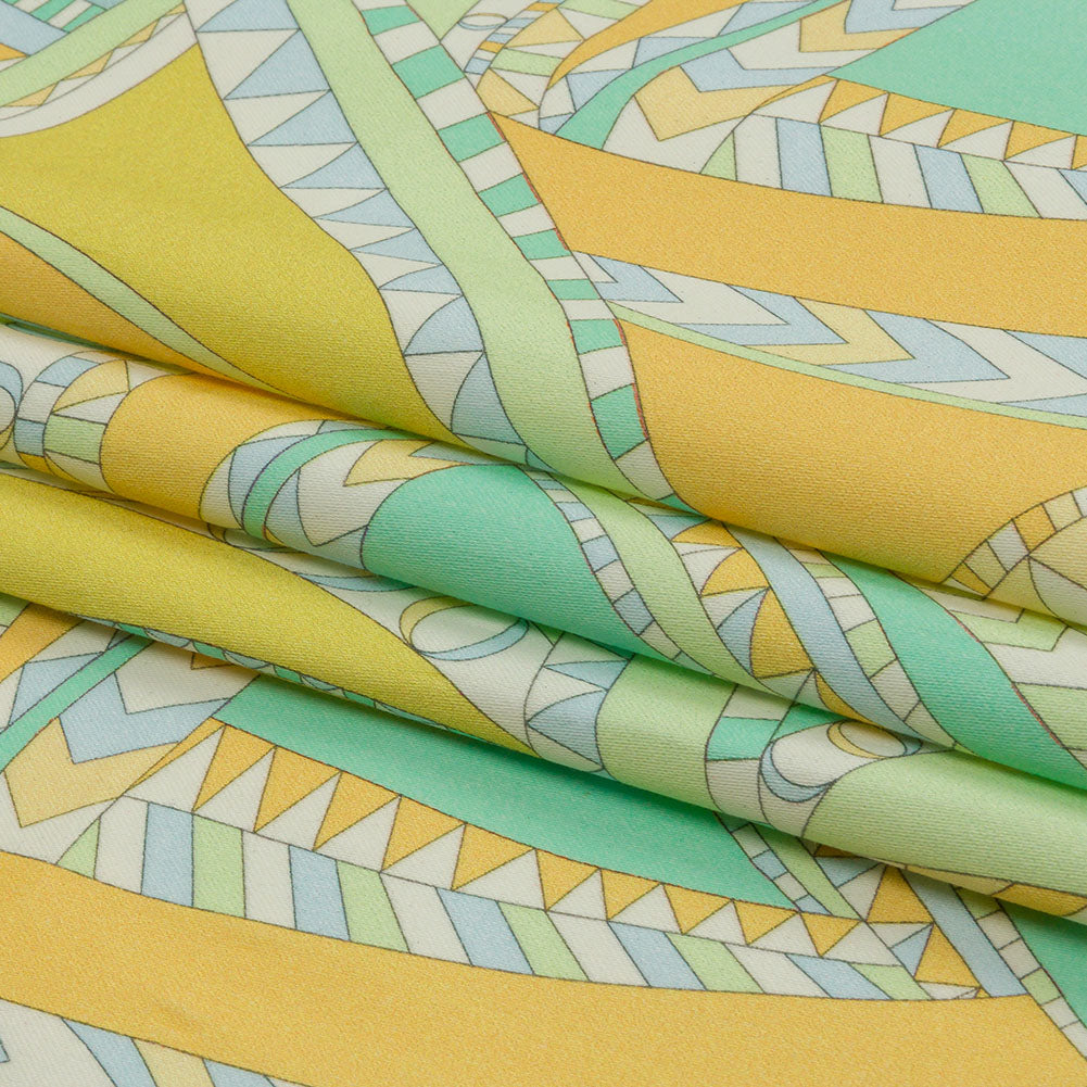 Stretch Cotton Sateen - Green and Blue Geometric Abstract - Lizard Leap Print - Mood Exclusive Groove Collection - Folded