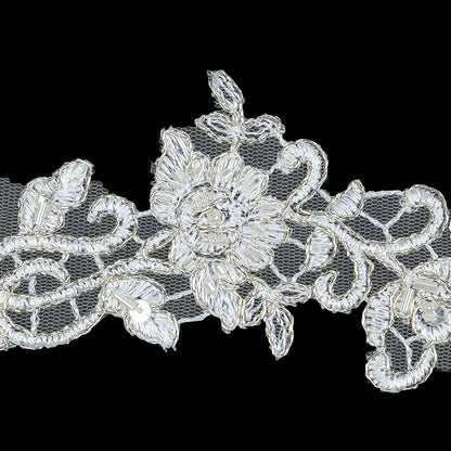 White Floral Beaded Bridal Lace Trim with Metallic Silver Cording - 2.5" Detail