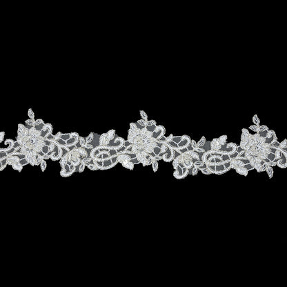 White Floral Beaded Bridal Lace Trim with Metallic Silver Cording - 2.5"