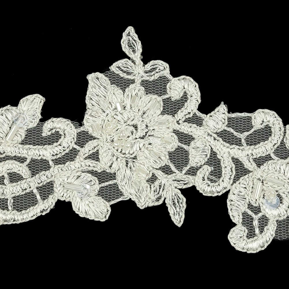 White Floral Beaded Bridal Lace Trim with Striped Metallic Silver Cording - 2.5" Detail