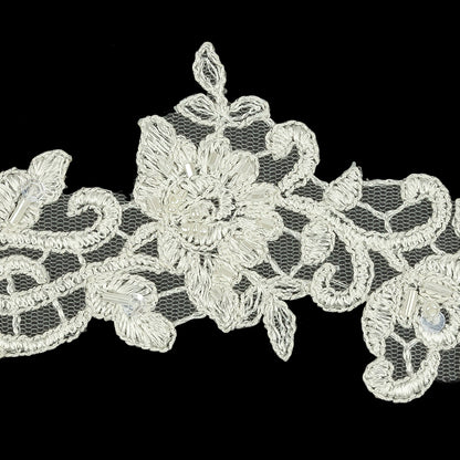White Floral Beaded Bridal Lace Trim with Striped Metallic Silver Cording - 2.5" Detail