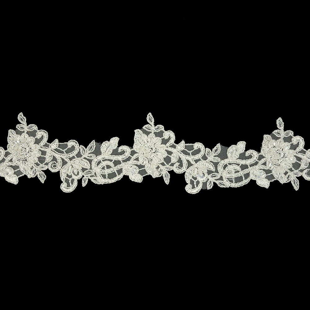 White Floral Beaded Bridal Lace Trim with Striped Metallic Silver Cording - 2.5"