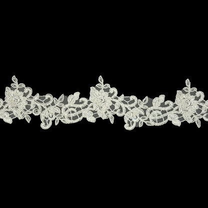 White Floral Beaded Bridal Lace Trim with Striped Metallic Silver Cording - 2.5"