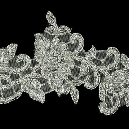 Silver Floral Beaded Bridal Lace Trim with Silver Cording - 2.5" Detail