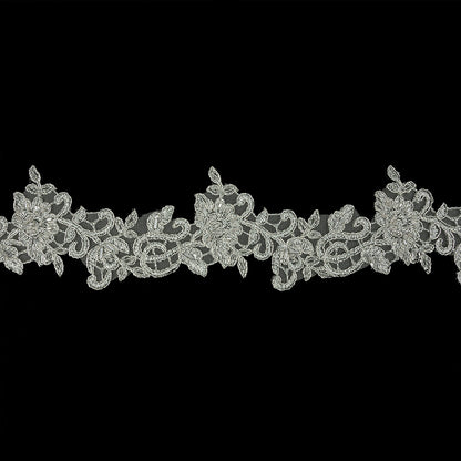 Silver Floral Beaded Bridal Lace Trim with Silver Cording - 2.5"