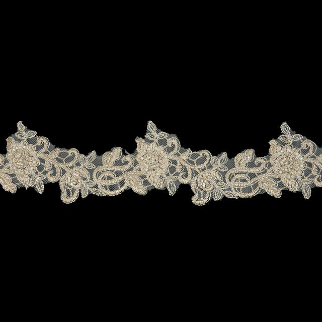Light Champagne Floral Beaded Bridal Lace Trim with Silver Cording - 2.5"