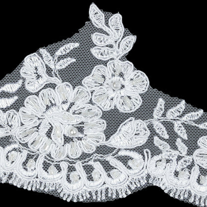 White Scalloped Floral Beaded and Corded Bridal Lace Trim - 3.5" Detail