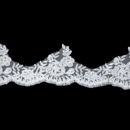 White Scalloped Floral Beaded and Corded Bridal Lace Trim - 3.5"