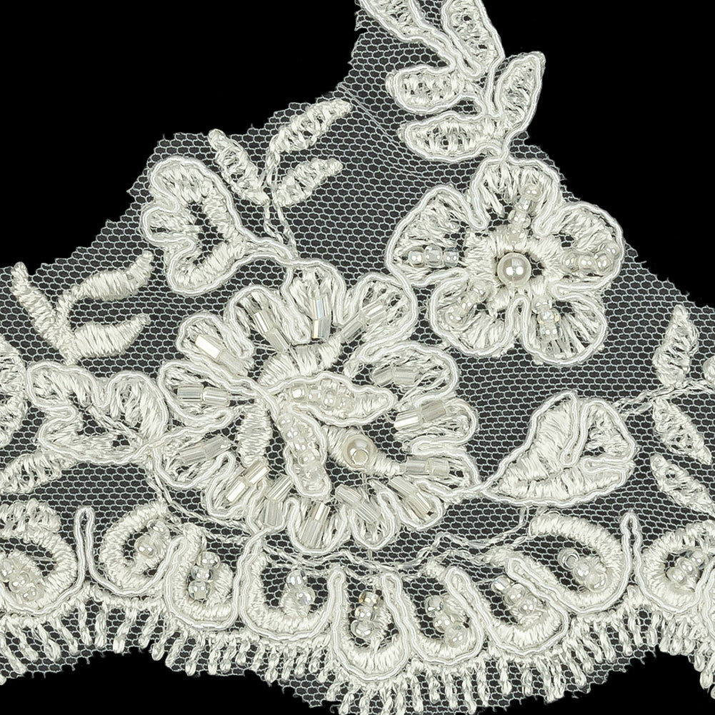 Off White Scalloped Floral Beaded and Corded Bridal Lace Trim - 3.5" Detail