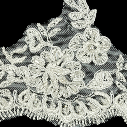 Off White Scalloped Floral Beaded and Corded Bridal Lace Trim - 3.5" Detail