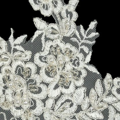 Off White and Silver Floral Scalloped Beaded and Corded Bridal Lace Trim - 5.5" Detail