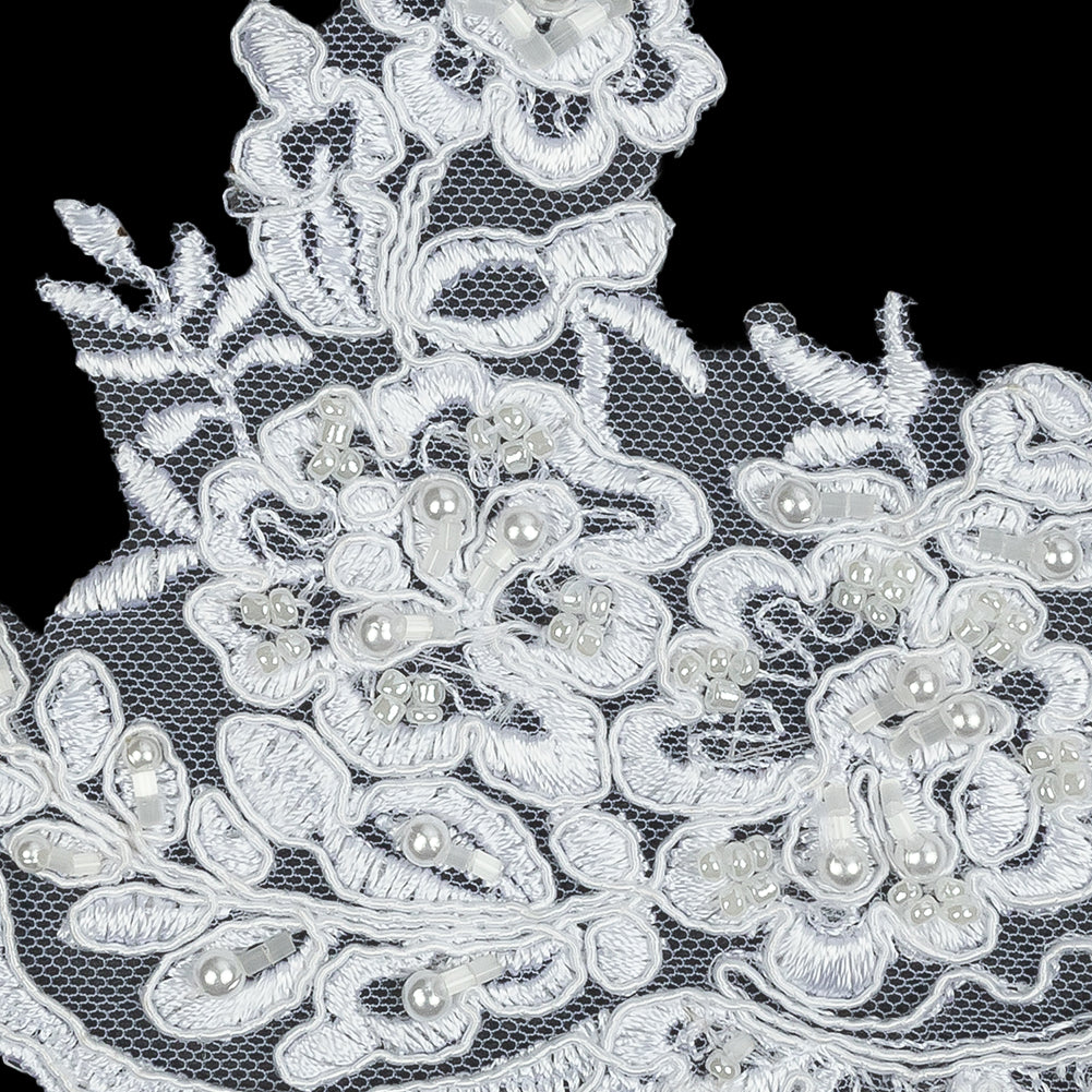 White Floral Scalloped Beaded and Corded Bridal Lace Trim - 5.5" Detail