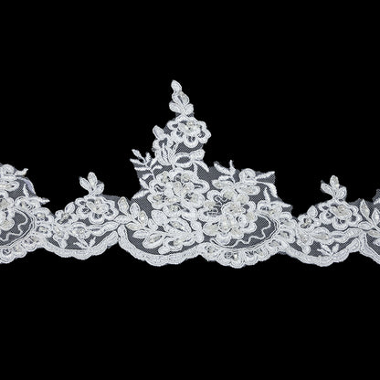 White Floral Scalloped Beaded and Corded Bridal Lace Trim - 5.5"