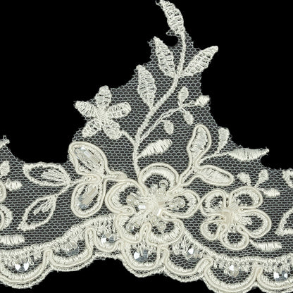 Off White Floral Beaded and Corded Scalloped Bridal Lace Trim - 3.5" Detail