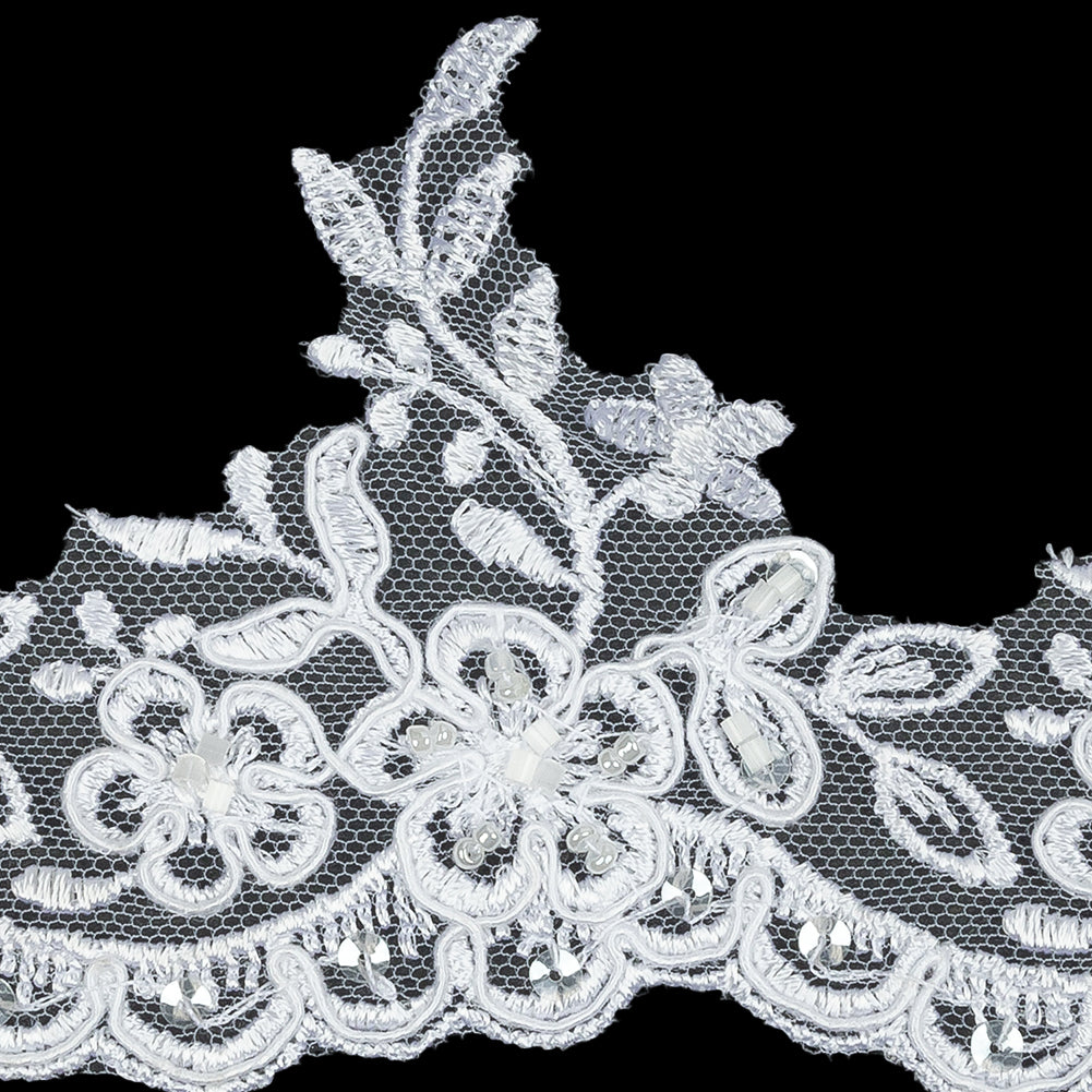 White Floral Beaded and Corded Scalloped Bridal Lace Trim - 3.5" Detail