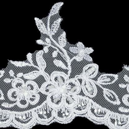 White Floral Beaded and Corded Scalloped Bridal Lace Trim - 3.5" Detail