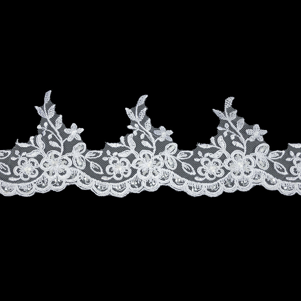 White Floral Beaded and Corded Scalloped Bridal Lace Trim - 3.5"