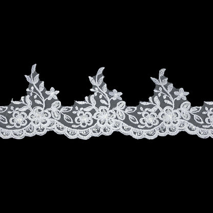 White Floral Beaded and Corded Scalloped Bridal Lace Trim - 3.5"