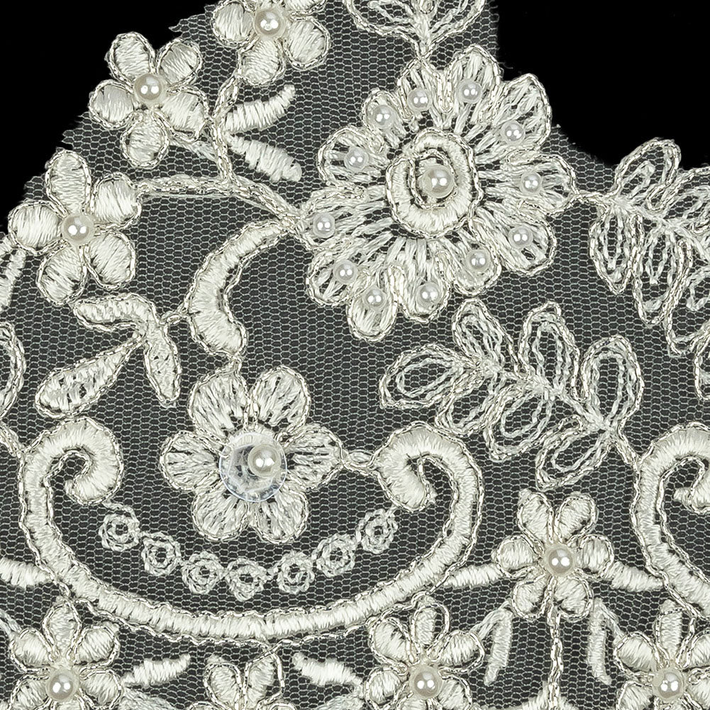 Off White and Metallic Silver Floral and Scalloped Bridal Lace Trim with Faux Pearl Beads - 5.5" Detail