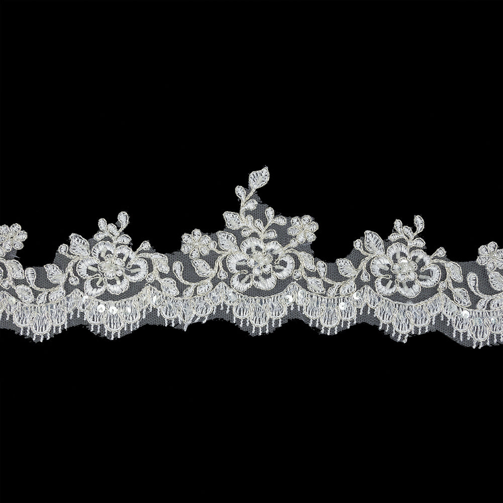 White and Metallic Silver Floral and Fringed Scallops Corded Bridal Lace Trim with Faux Pearl Beads - 3.5"