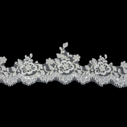 White and Metallic Silver Floral and Fringed Scallops Corded Bridal Lace Trim with Faux Pearl Beads - 3.5"