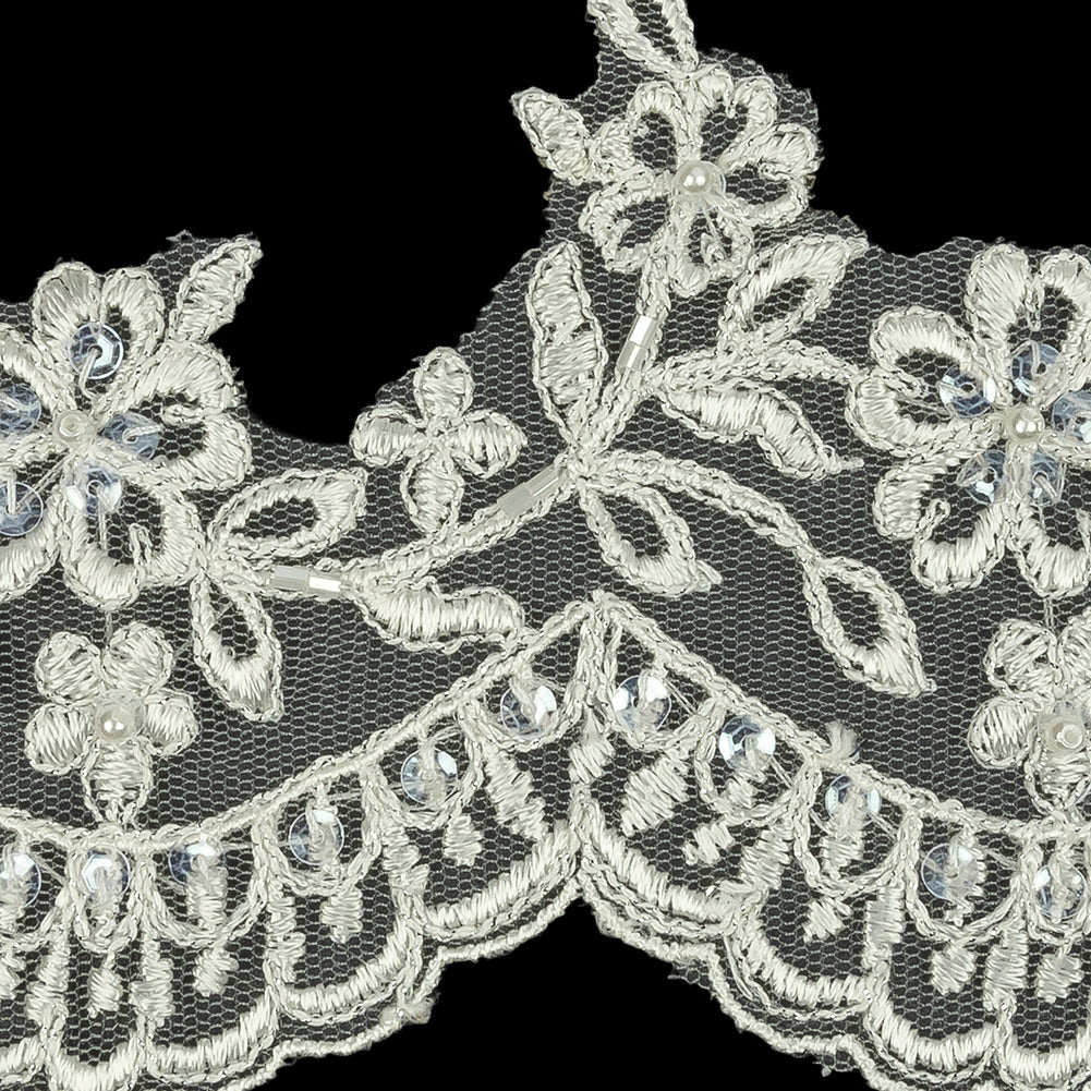 Off White and Striped Metallic Silver Floral and Scalloped Edge Corded Bridal Lace Trim with Sequins and Faux Pearl Beads - 3.5" Detail
